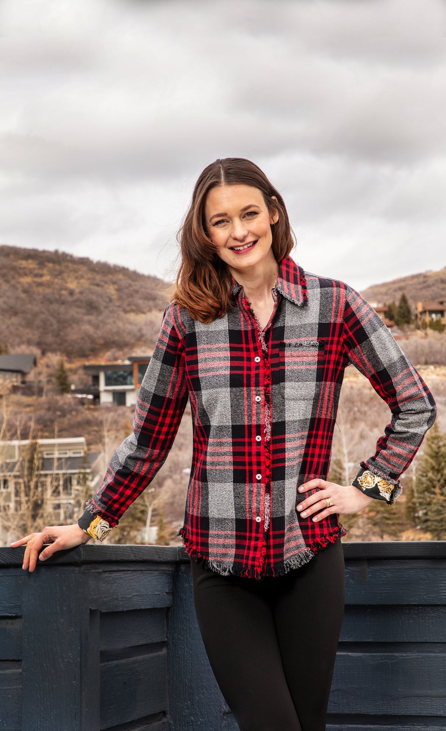 Gray and red flannel Cape Cod tunic by Dizzy-Lizzie, featuring a cozy, casual design with long sleeves and a relaxed fit.