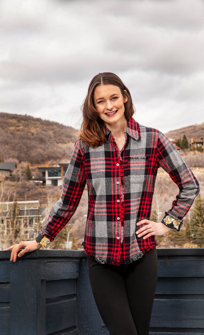 Gray and red flannel Cape Cod tunic by Dizzy-Lizzie, featuring a cozy, casual design with long sleeves and a relaxed fit.