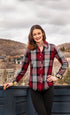 Gray and red flannel Cape Cod tunic by Dizzy-Lizzie, featuring a cozy, casual design with long sleeves and a relaxed fit.
