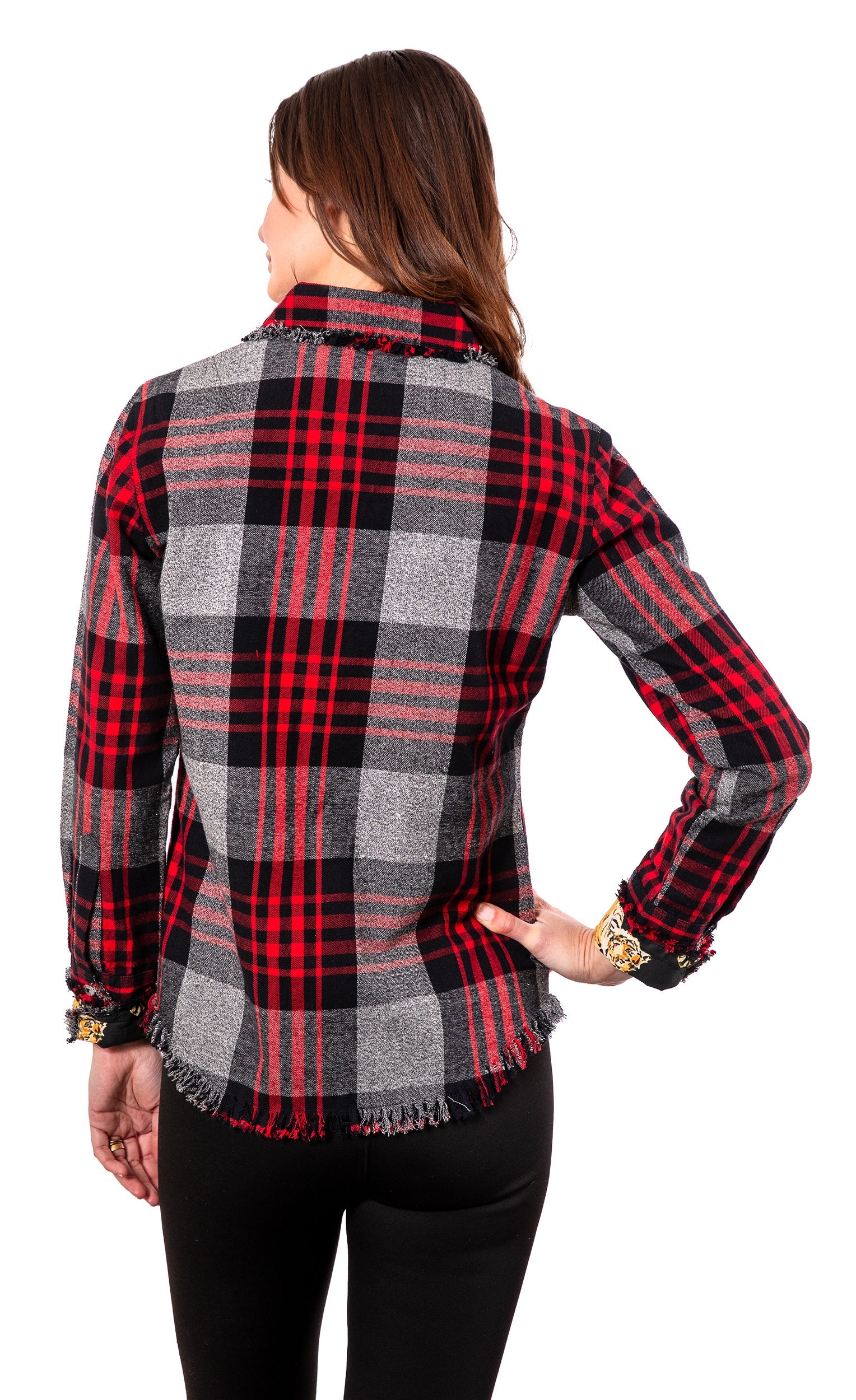 Gray and red flannel Cape Cod tunic by Dizzy-Lizzie, featuring a cozy, casual design with long sleeves and a relaxed fit.