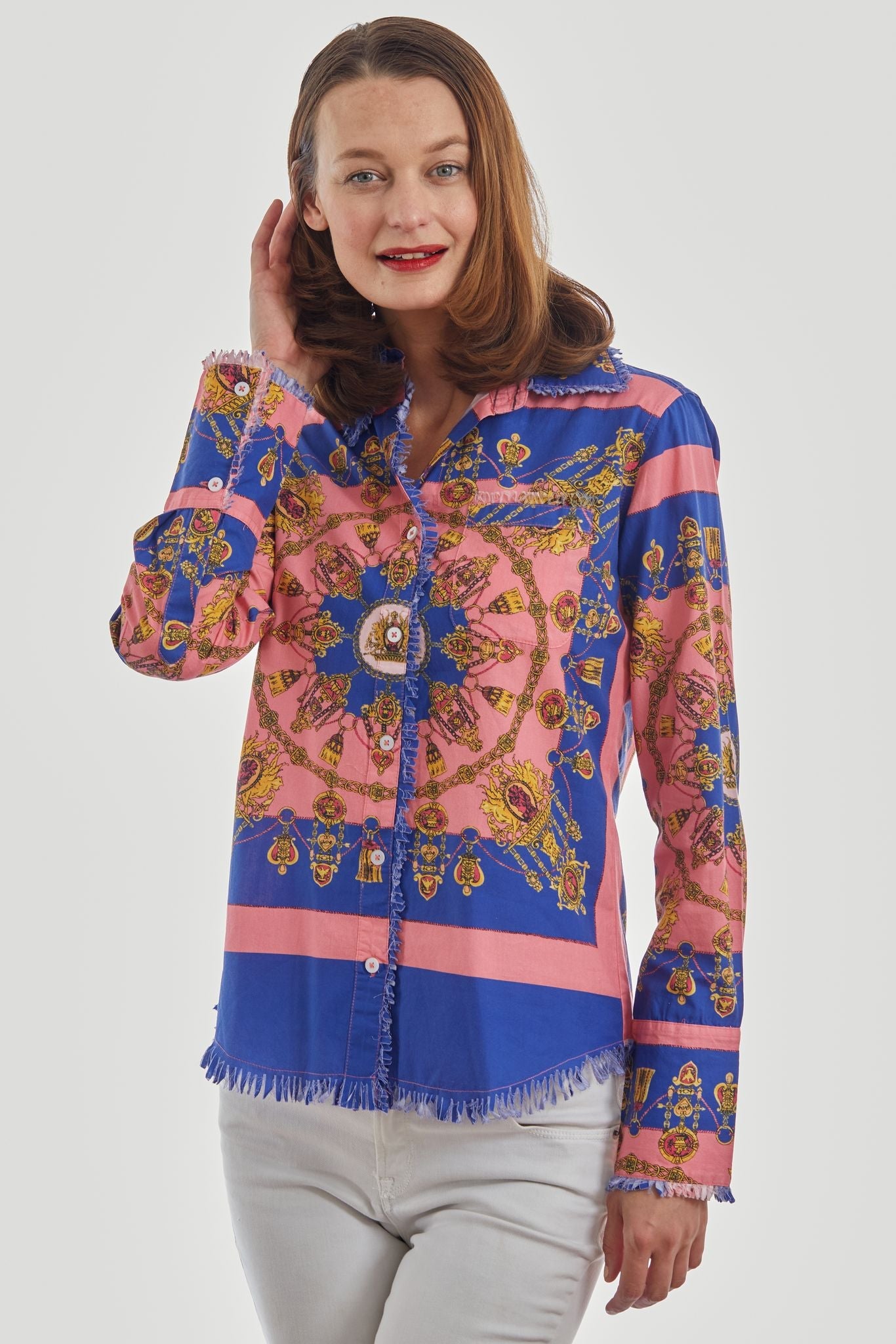 Navy and pink Cape Cod Tunic by Dizzy-Lizzie featuring gold accents, displayed on a mannequin with a flowy, lightweight fabric.
