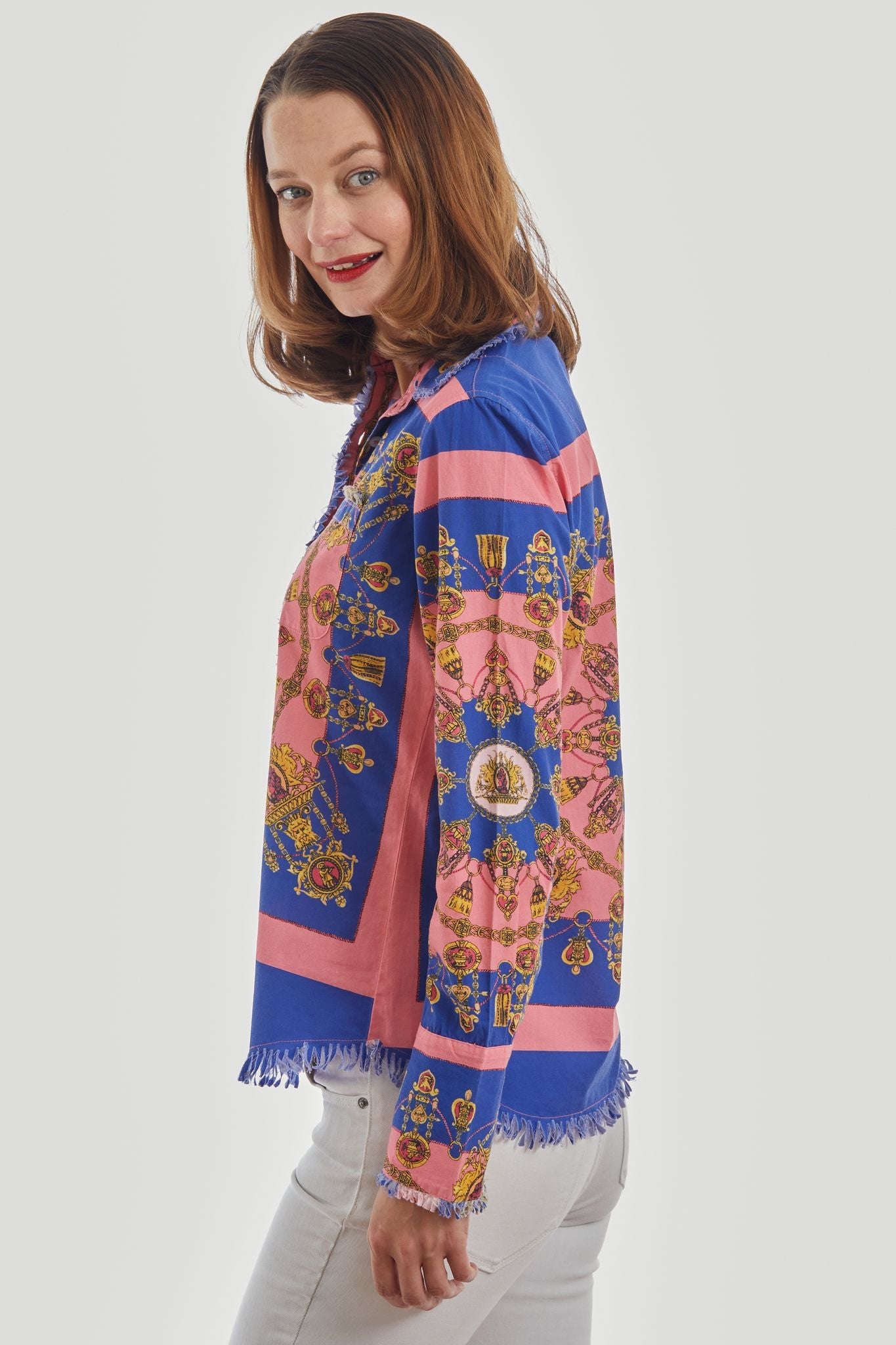 Navy and pink Cape Cod Tunic by Dizzy-Lizzie featuring gold accents, lightweight fabric, and relaxed fit for casual wear.