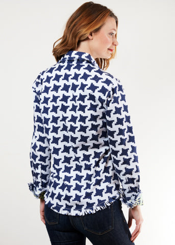 Navy and white houndstooth Cape Cod tunic by Dizzy-Lizzie, featuring a loose fit and stylish design.
