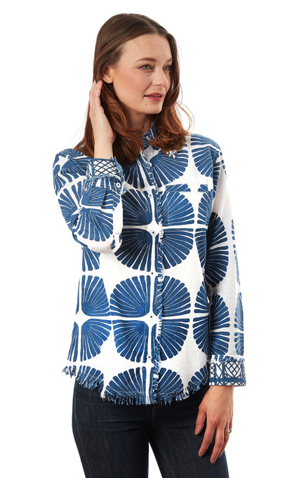 Navy and white palm frond print Cape Cod tunic by Dizzy-Lizzie, featuring lightweight fabric and relaxed fit.