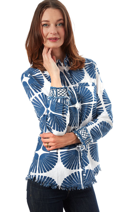 Navy and white palm frond patterned tunic by Dizzy-Lizzie, featuring a loose fit and lightweight fabric, perfect for casual wear.