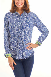 Navy zebra stripe Cape Cod Tunic by Dizzy-Lizzie, lightweight sleeveless top with bold zebra pattern, perfect for casual wear.