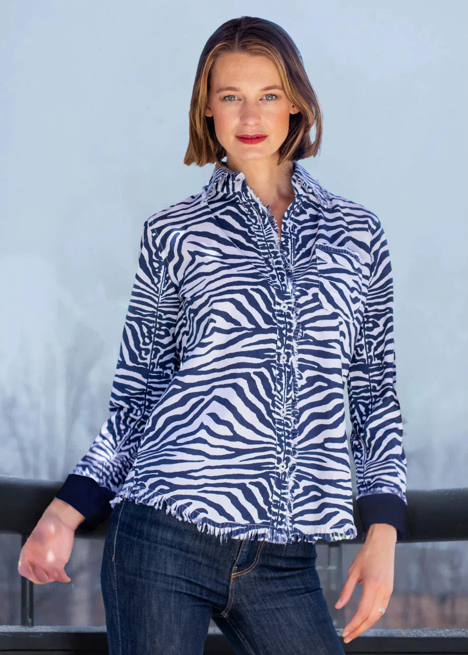 Navy zebra stripe Cape Cod tunic by Dizzy-Lizzie, featuring a relaxed fit and stylish pattern, shown on a model.