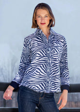 Navy zebra stripe Cape Cod tunic by Dizzy-Lizzie, featuring a relaxed fit and stylish pattern, shown on a model.