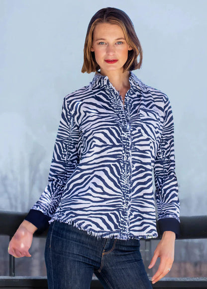 Navy zebra stripe Cape Cod tunic by Dizzy-Lizzie, lightweight with relaxed fit, displayed on a hanger against a neutral background.