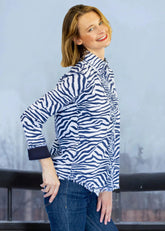 Dizzy-Lizzie Cape Cod Tunic in navy with zebra stripe pattern, lightweight and stylish women&
