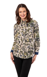 Dizzy-Lizzie Cape Cod Tunic in neutral tapestry print, lightweight cotton linen fabric, casual boho style for women.