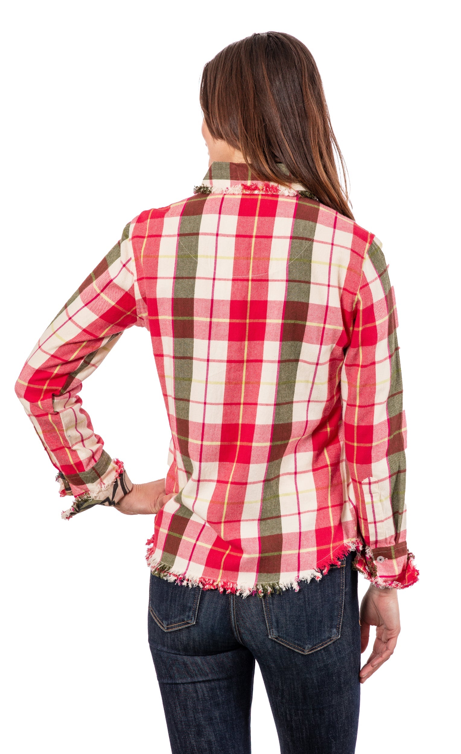 Pink and green plaid flannel tunic by Dizzy-Lizzie with a relaxed fit and button details, styled for casual wear.