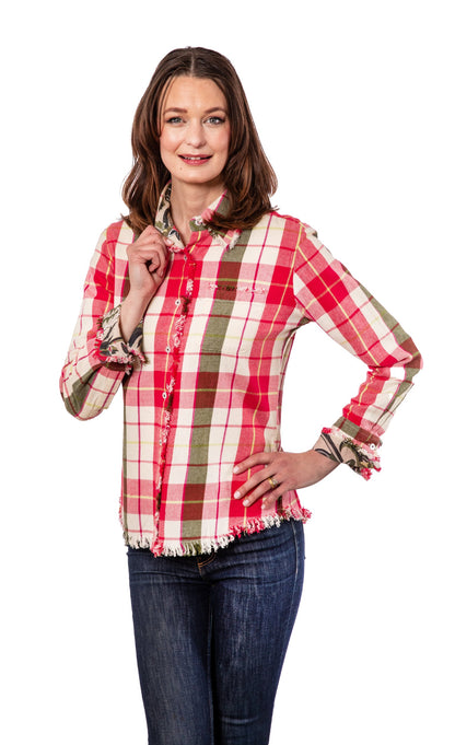 Pink and green flannel Cape Cod tunic by Dizzy-Lizzie, featuring a cozy, casual design with long sleeves and button details.