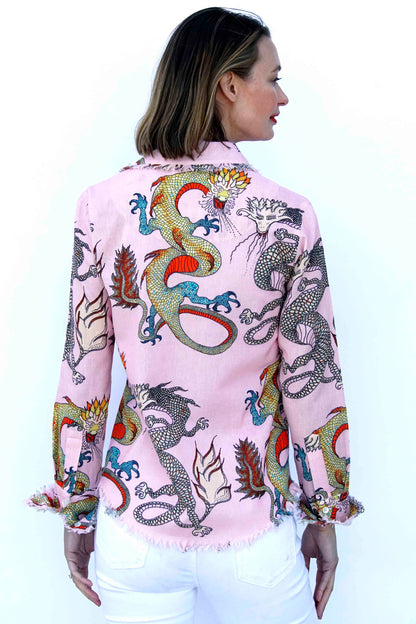 Pink ground dragons Cape Cod tunic by Dizzy-Lizzie featuring a loose fit and colorful dragon print on soft fabric.