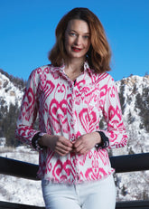 Pink and white Ikat Cape Cod Tunic by Dizzy-Lizzie, lightweight casual top with a relaxed fit and stylish pattern.