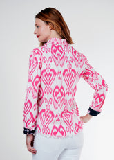 Pink and white Ikat Cape Cod Tunic by Dizzy-Lizzie, featuring a relaxed fit and stylish design, perfect for casual wear.