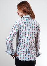 Dizzy-Lizzie Cape Cod Tunic in XS with printed soup cans design, lightweight fabric, and casual fit perfect for everyday wear.