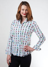 Dizzy-Lizzie Cape Cod Tunic in XS featuring a playful soup can pattern, lightweight casual top perfect for relaxed outfits.