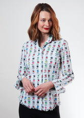 Dizzy-Lizzie Cape Cod Tunic in XS with a print of soup cans, casual sleeveless top perfect for summer wear.