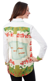 Dizzy-Lizzie Chesapeake Hi-Lo Tunic in Swimmers print, lightweight casual tunic with high-low hem and vibrant aquatic design.
