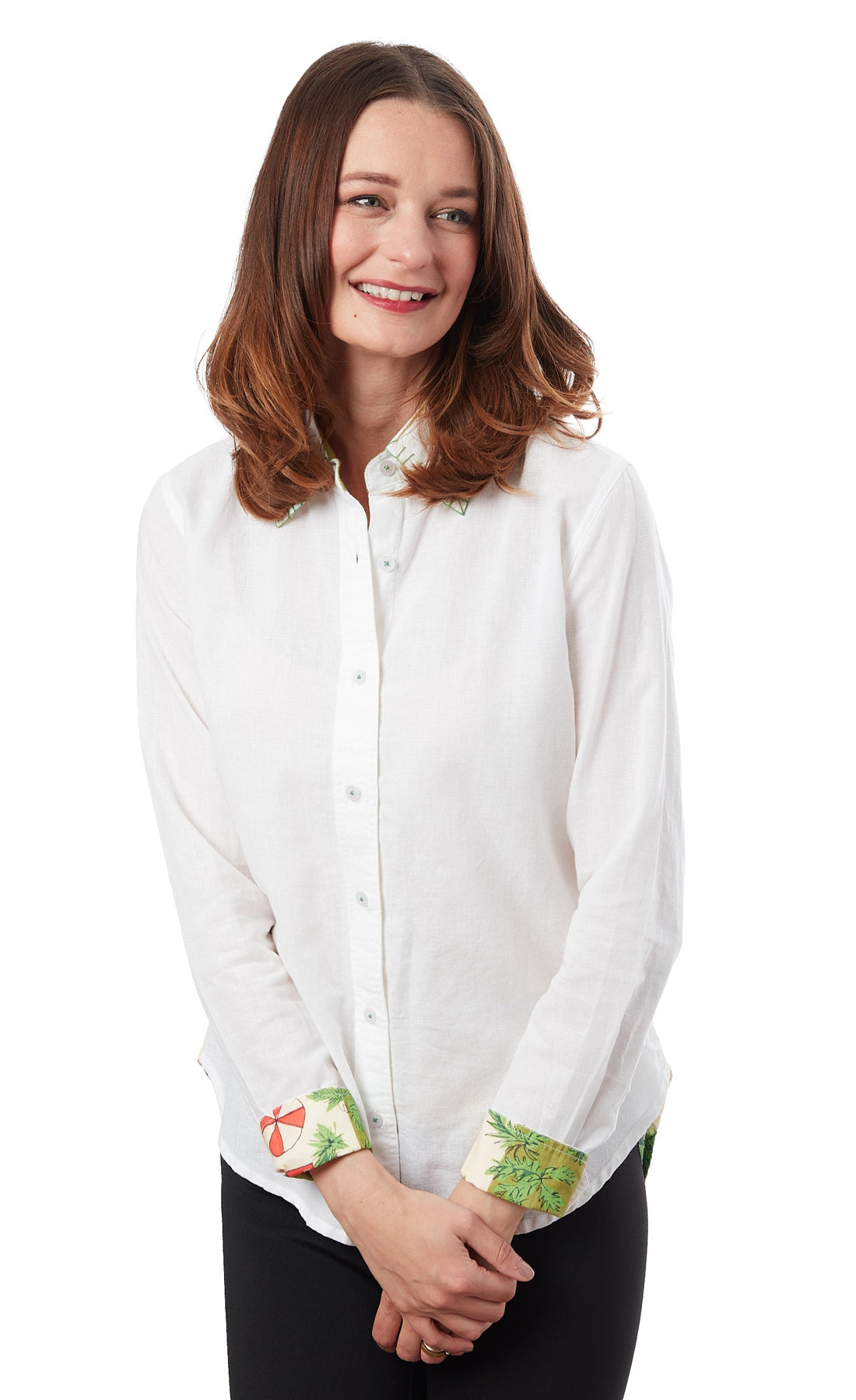 Dizzy-Lizzie Chesapeake Hi-Lo Tunic with swimmers print, lightweight casual sleeveless tunic for women, front and back view.