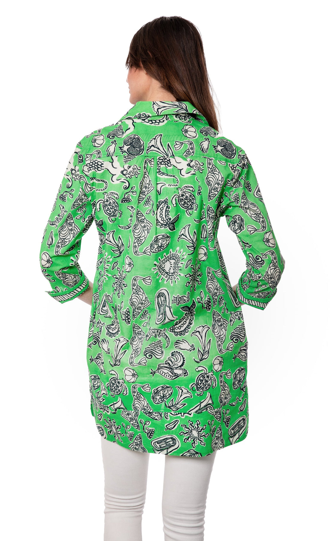 Green Vail Tunic by Dizzy-Lizzie with whimsical print, lightweight fabric, and relaxed fit, perfect for casual wear.