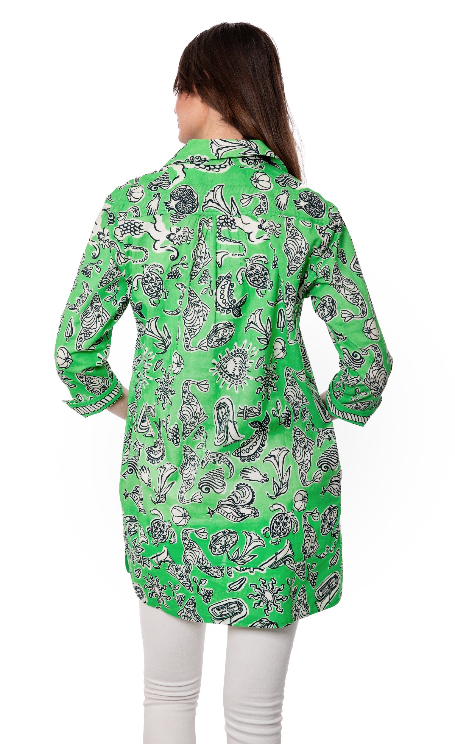 Green Vail Tunic by Dizzy-Lizzie with whimsical print, lightweight fabric, and relaxed fit, perfect for casual wear.