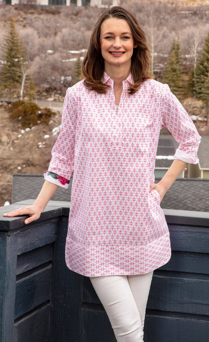 Pink palms print Vail tunic by Dizzy-Lizzie, lightweight mini tunic with vibrant tropical floral design, casual summer wear.