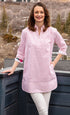 Pink palms print Vail tunic by Dizzy-Lizzie, lightweight mini tunic with vibrant tropical floral design, casual summer wear.