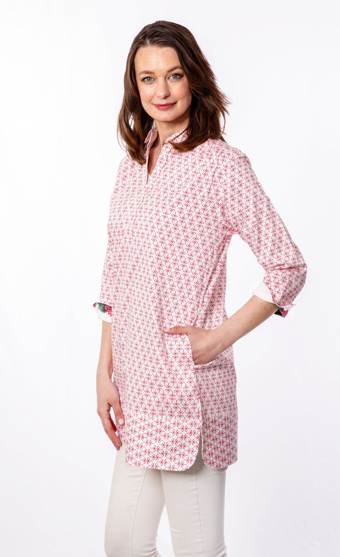 Pink palms print Vail Tunic by Dizzy-Lizzie, lightweight mini tunic with short sleeves and relaxed fit.