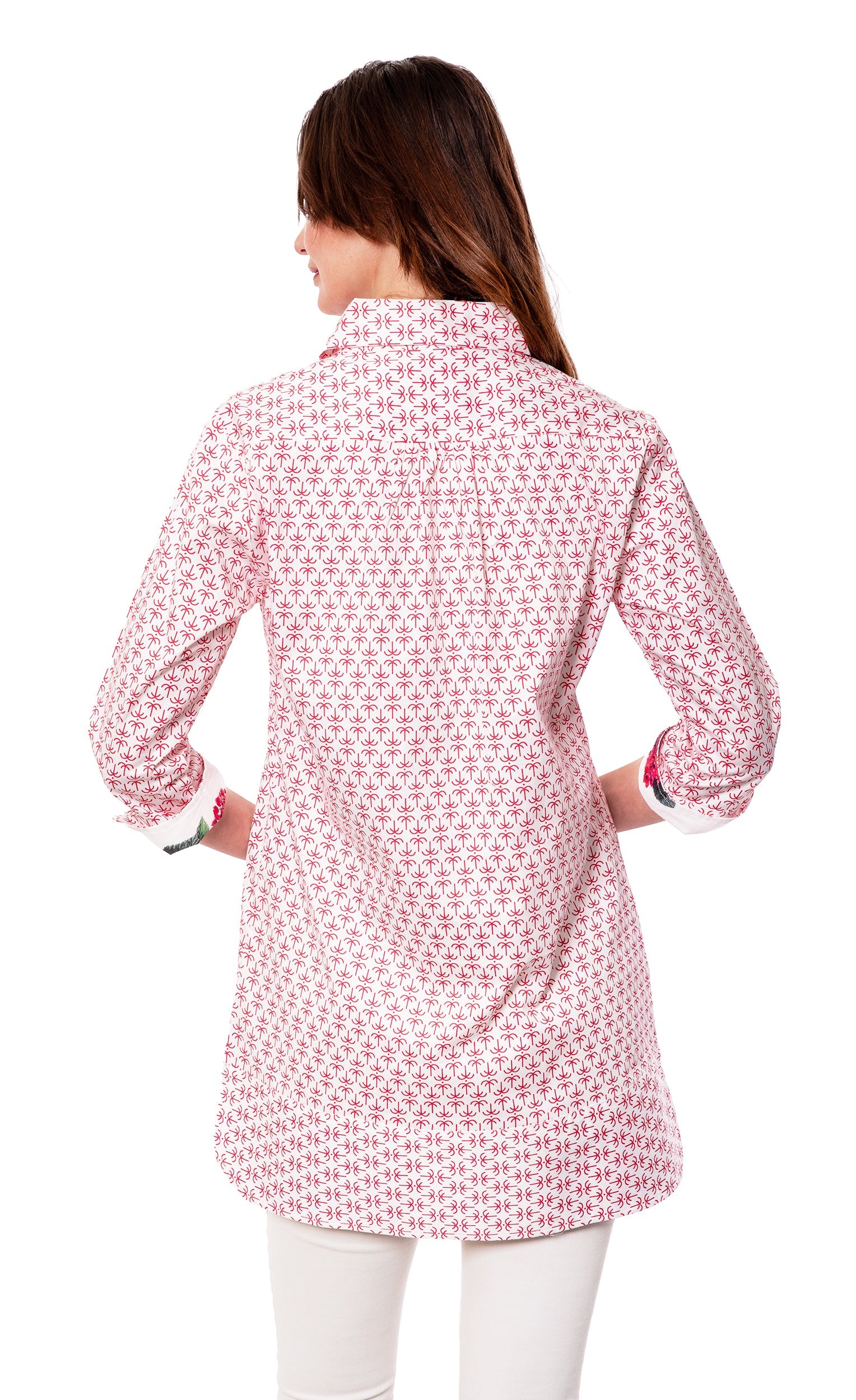 Pink Palms print Vail Tunic by Dizzy-Lizzie featuring a lightweight mini tunic design with floral pattern and relaxed fit.