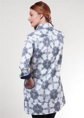 Dizzy-Lizzie Vail Tunic in navy and white medallion pattern, lightweight, casual women&