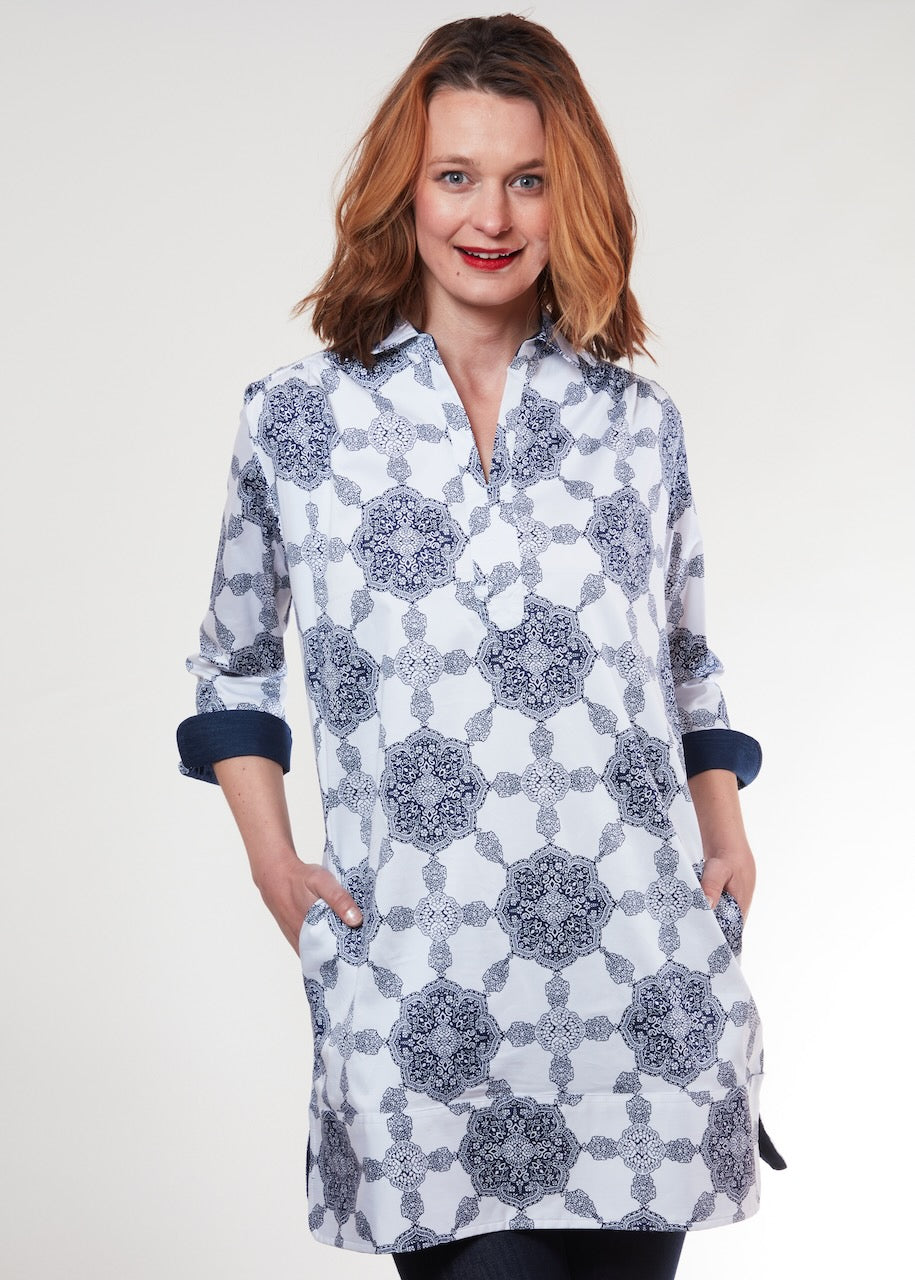 Dizzy-Lizzie Vail Tunic in navy and white with medallion pattern, lightweight casual top for women.