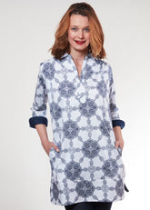 Dizzy-Lizzie Vail Tunic in navy and white with medallion pattern, lightweight casual top for women.