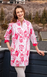 Pink and white Chinoiserie Vail Tunic by Dizzy-Lizzie, lightweight and stylish, shown in XS size with intricate pattern details.