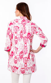 Pink and white Chinoiserie Vail Tunic by Dizzy-Lizzie featuring intricate pattern and relaxed fit in lightweight fabric.