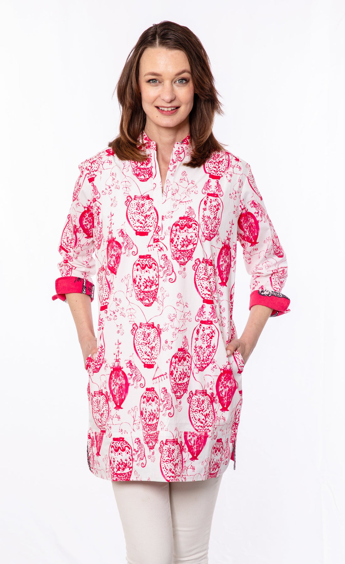 Pink and white chinoiserie Vail tunic by Dizzy-Lizzie, featuring a stylish, lightweight design with intricate pattern details.