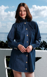 Denim tunic by Dizzy-Lizzie featuring ruffle neck detail and side pockets, casual and stylish for everyday wear.
