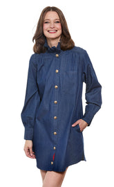 Denim tunic by Dizzy-Lizzie featuring ruffle neck and side pockets, casual stylish sleeveless top for women.