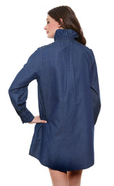 Light blue denim tunic with ruffle neckline and side pockets, by Dizzy-Lizzie, casual and stylish women&
