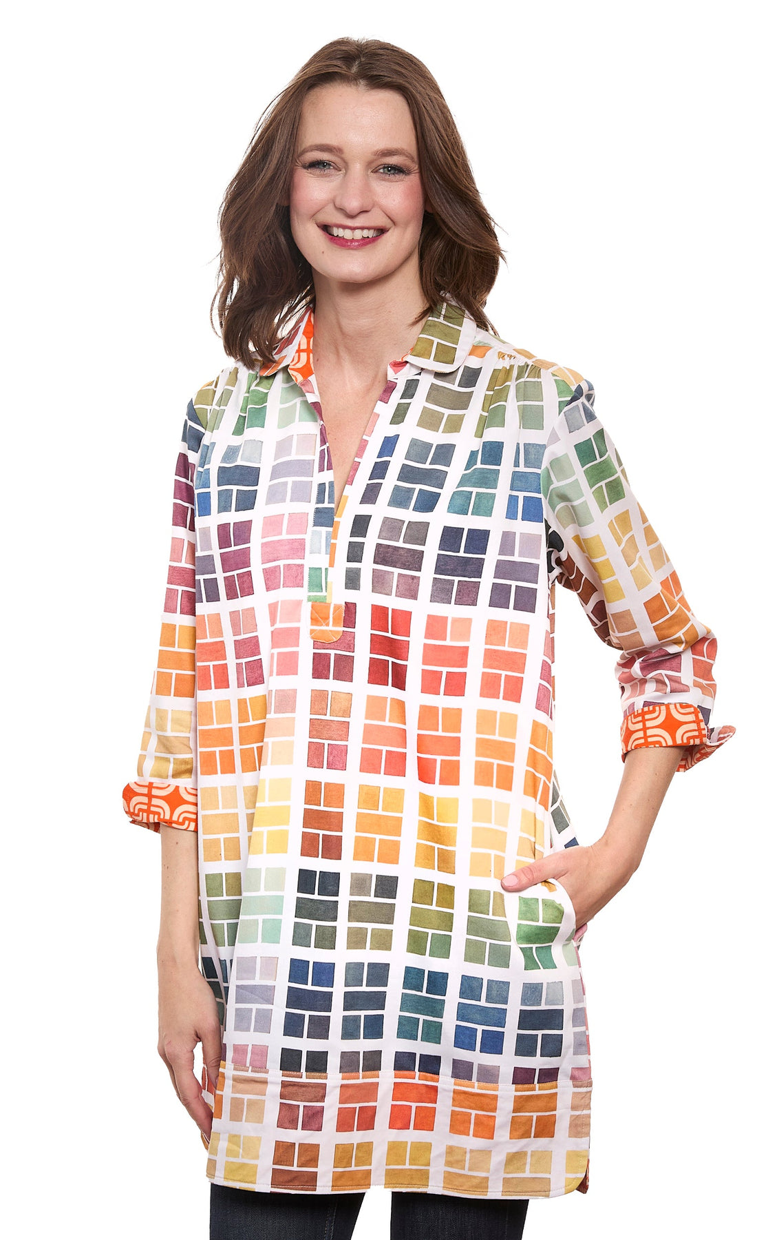 Multi-colored paint tab cotton Vail Tunic by Dizzy-Lizzie with stretch, casual women&