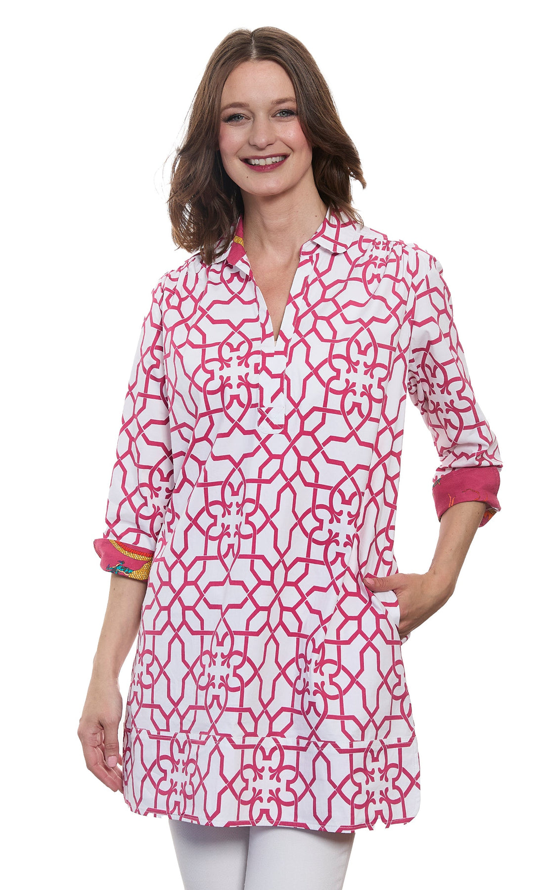 Pink and white geo print cotton Vail Tunic by Dizzy-Lizzie featuring stretch fabric and casual fit.