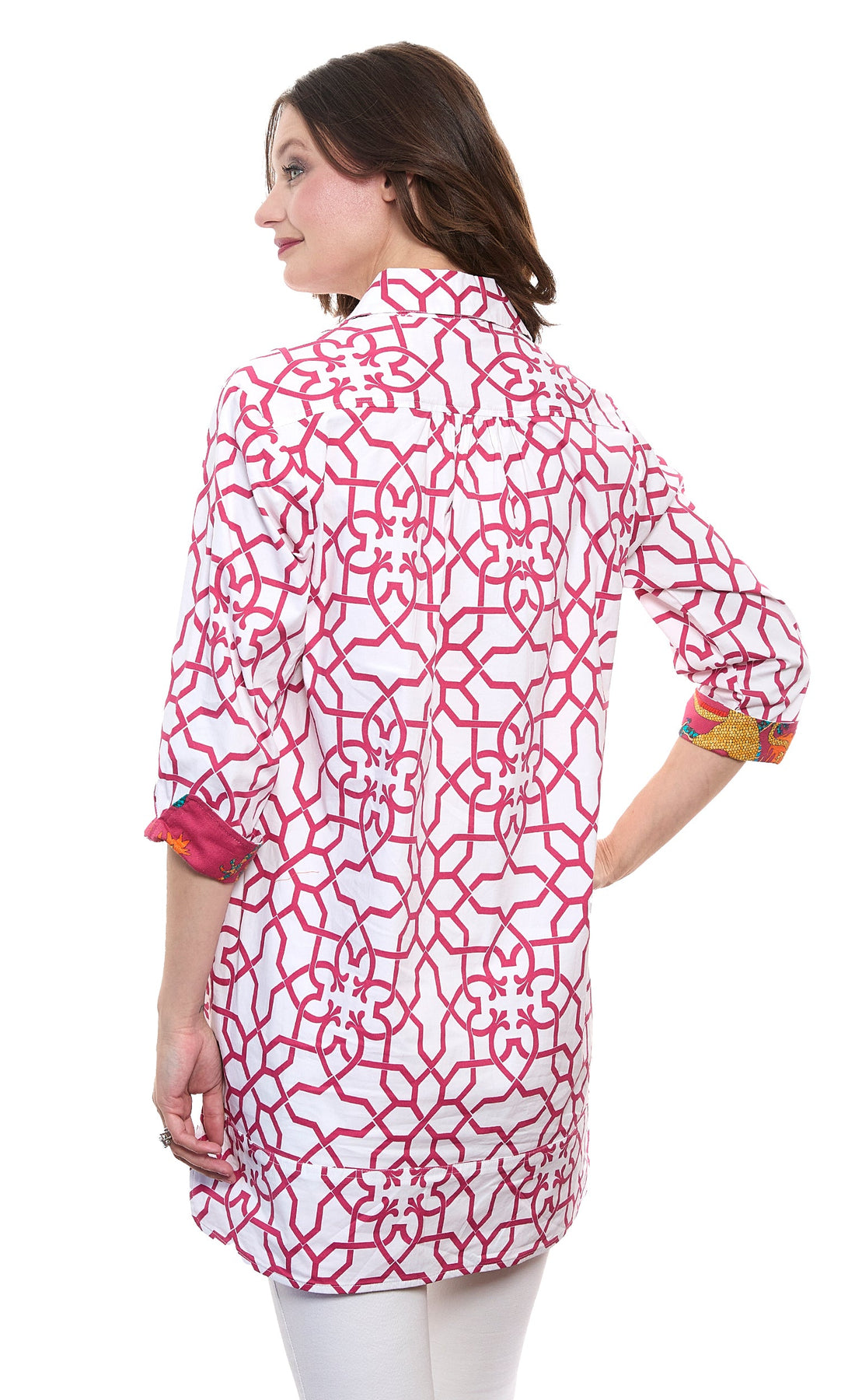 Pink and white geo print cotton Vail tunic by Dizzy-Lizzie, featuring stretch and relaxed fit for casual wear.