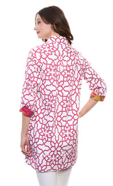 Pink and white geo print cotton Vail tunic by Dizzy-Lizzie, featuring stretch and relaxed fit for casual wear.