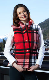 Dizzy-Lizzie Rosey vest with contrast lining, red yarndyed flannel plaid, sleeveless design, cozy and stylish for layered outfits.