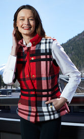 Dizzy-Lizzie Rosey vest with red yarndyed flannel plaid and contrasting lining, sleeveless vest for casual wear.