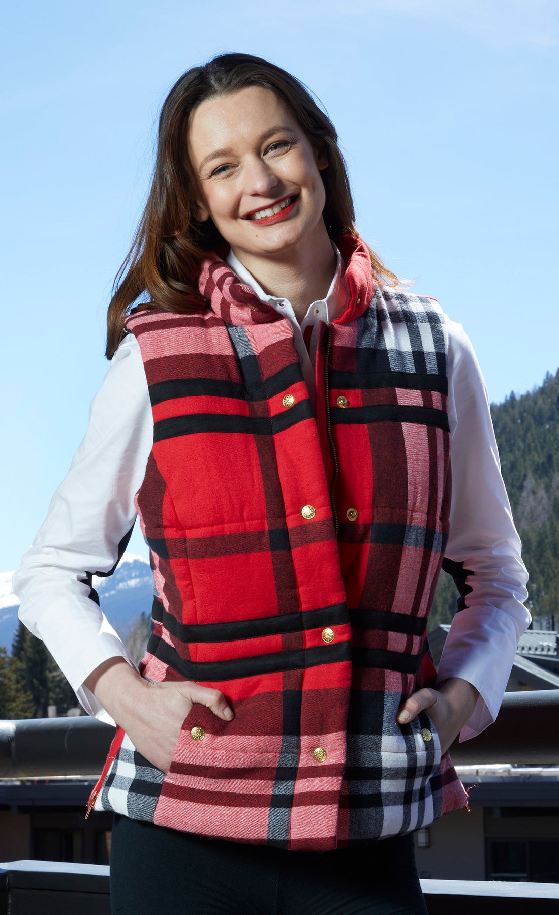 Dizzy-Lizzie Rosey vest with red yarndyed flannel plaid, contrast lining, sleeveless design, lightweight and casual style.