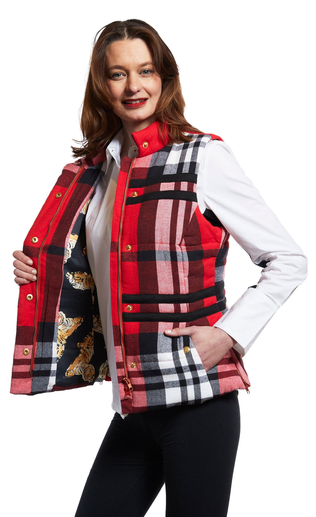 Dizzy-Lizzie Rosey vest with red yarndyed flannel plaid and contrasting lining, sleeveless design, casual warm vest for layering.