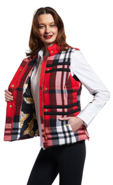 Dizzy-Lizzie Rosey vest with red yarndyed flannel plaid and contrasting lining, sleeveless design, casual warm vest for layering.