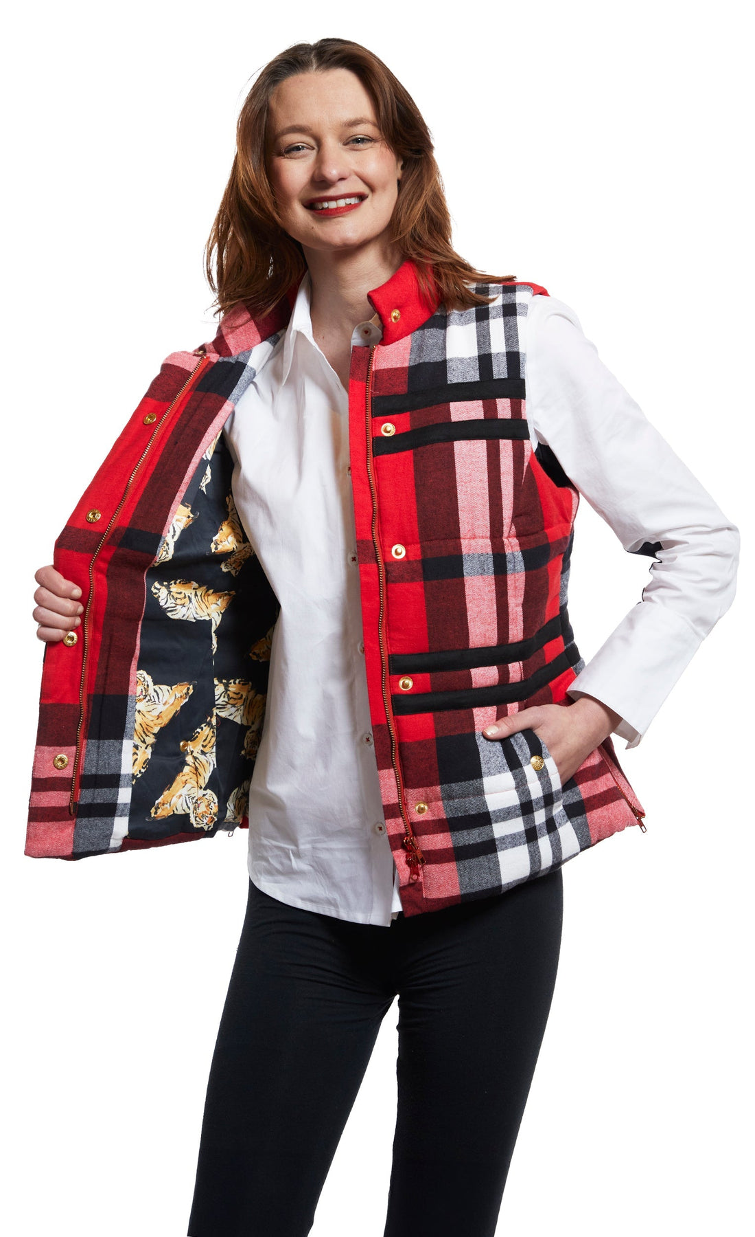 Dizzy-Lizzie Rosey vest with contrast lining, red yarndyed flannel plaid, sleeveless design, cozy and stylish for layering.
